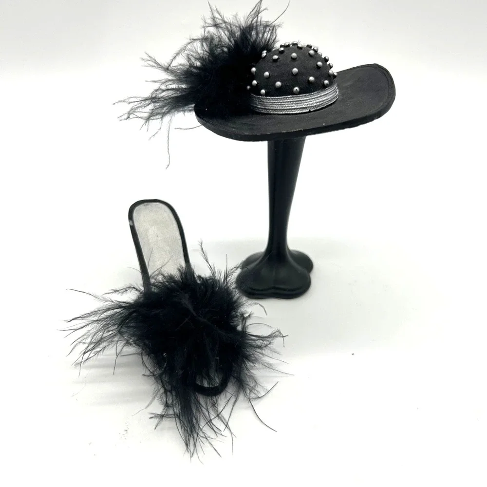 Vintage Miniature Set of 2 Shoe‎ Hat and Stand Collectible Black Feathers